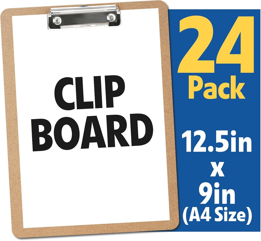 24 Pack Clipboards Bulk, Clip Boards 8.5x11 Standard Letter Size, Clipboards for Classroom, Wooden Clipboard, Hardboard Office Clipboard, Classroom Supplies