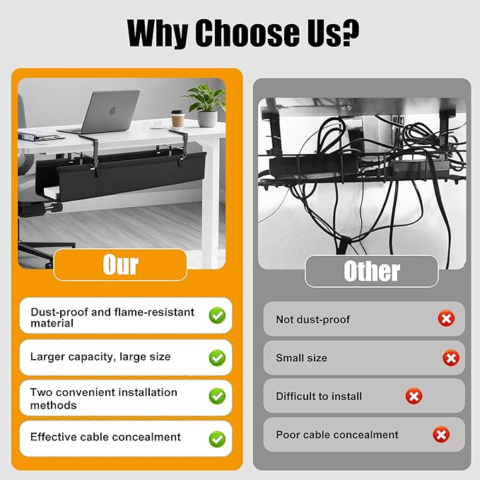 Oxford Cloth Under Desk Cable Management Tray, No-Drill 36" Desk Cable - Image 4