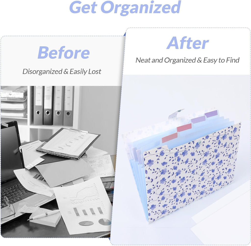 SKYDUE Expanding File Folder with 5 Pockets, Floral Accordion File Organizer for Important Document, Portable Receipt Paper Organizer, School Office Supplies,Blue