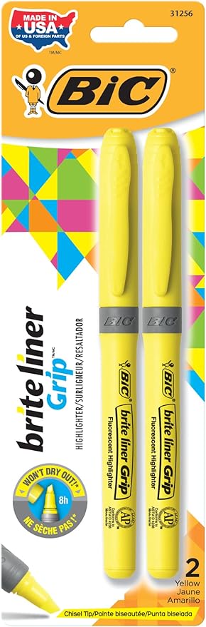 BIC Brite Liner Grip Highlighters, Chisel Tip, Classic Yellow, 2-Count Pack by BIC