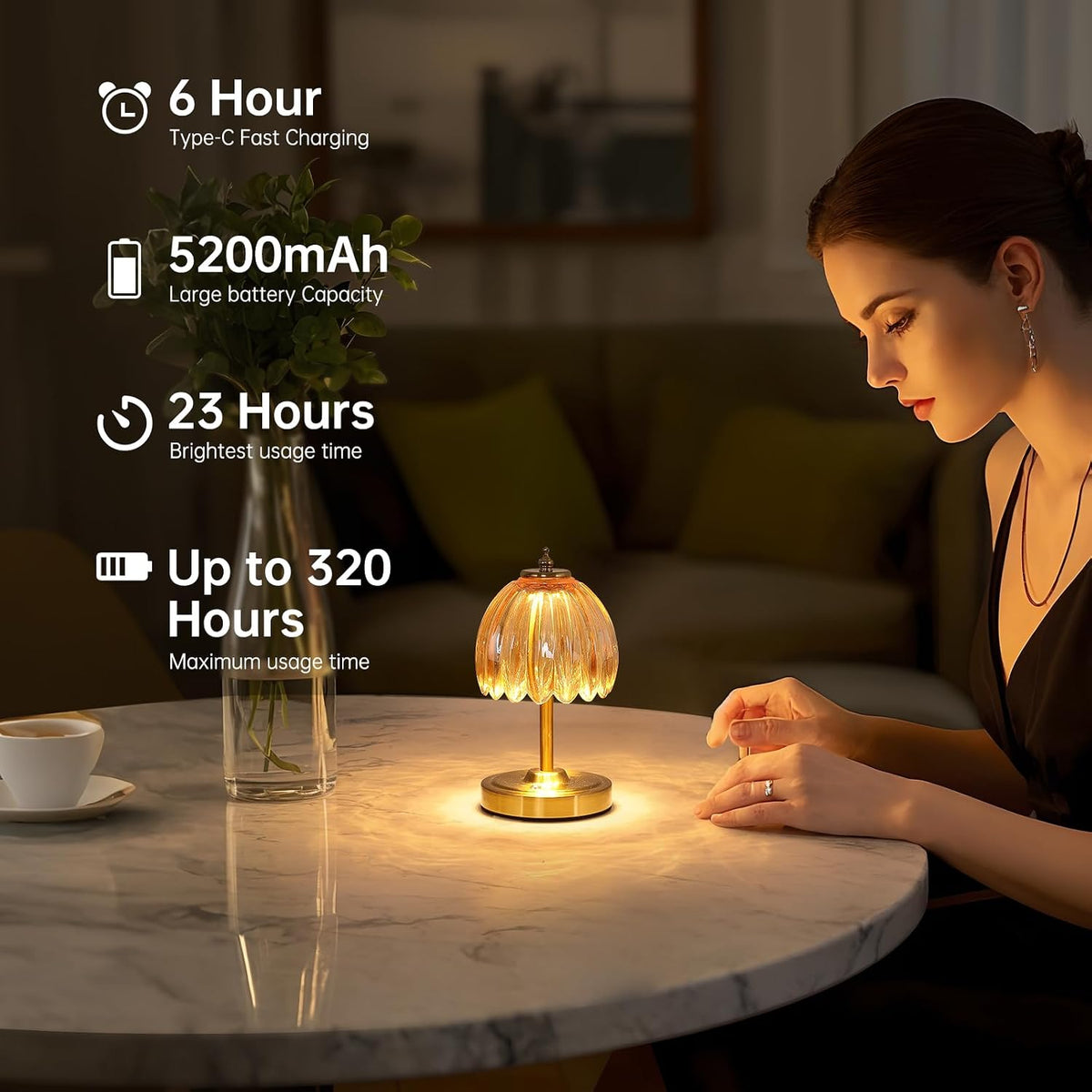 Shenmoyl Tulip Small Table Lamp, 5200mAh Cordless Touch Control Mini Table La...