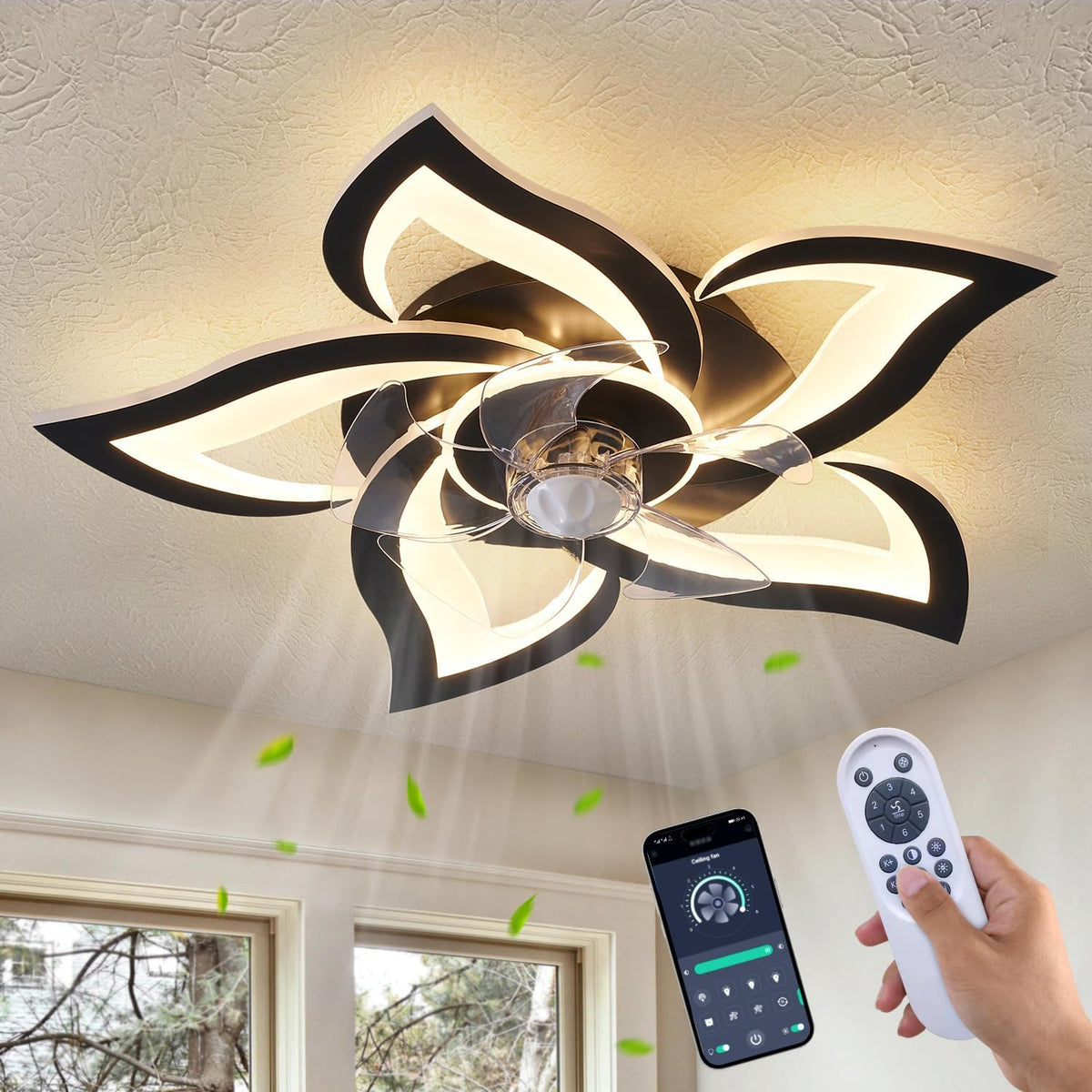 dalouguan 24" black flower ceiling fan with lights, main product view