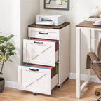 3 Drawers Farmhouse File Cabinet with Wheels for Home Office, Rustic White | Halitaa Vertical Filing Cabinet Fits Letter/A4 Size, Rolling File Cabinet Wooden Printer Stand for Home Office
