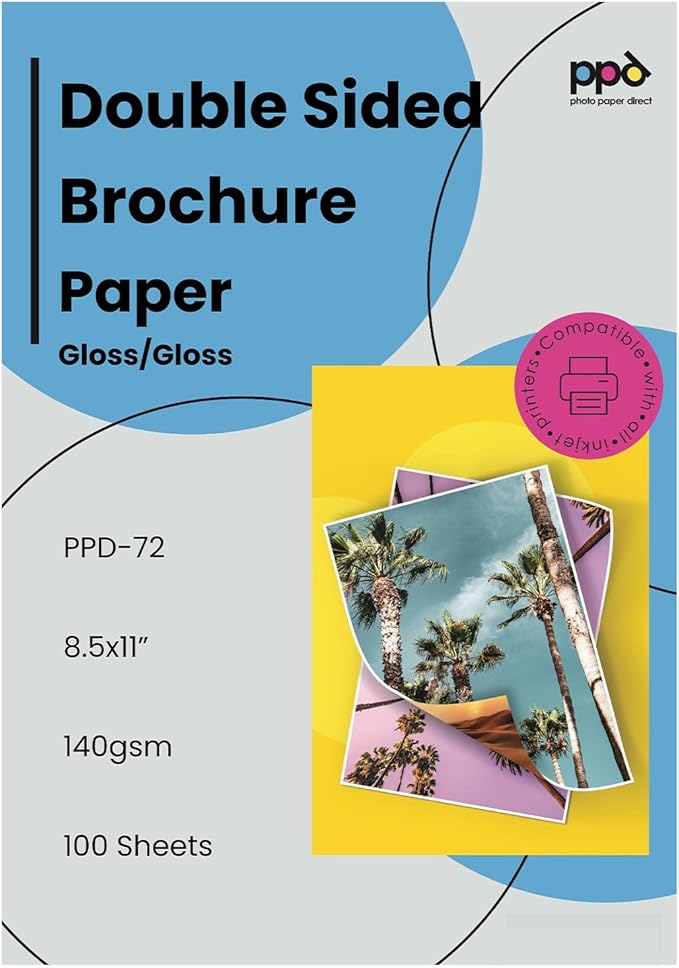 PPD 100 Sheets Inkjet Glossy Brochure and Flyer Paper 8.5x11 37lbs 140gsm by PhotoPaperDirect