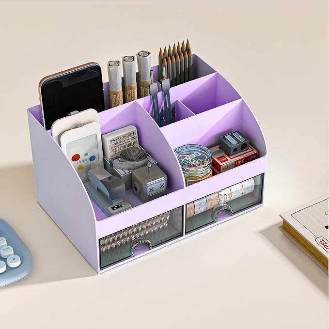 Desk Organizer with 6 Compartments and 2 Drawers, Plastic Makeup Organizer - Image 2