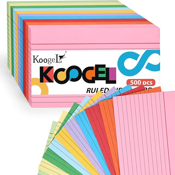 Koogel 500PCS Index Cards 3x5, Colored Lined Ruled Flash Cards by KOOGEL