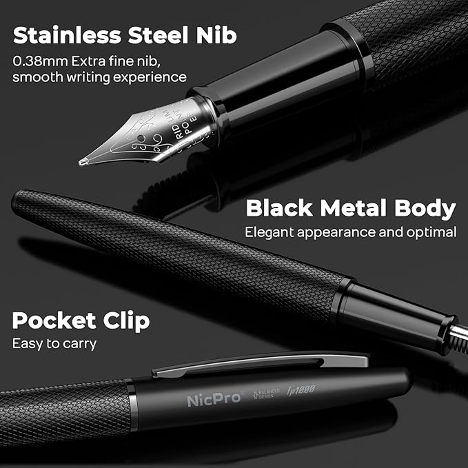 Nicpro Fountain Pen Set with Box, Classic Black Fancy Pen with Converter - Image 3