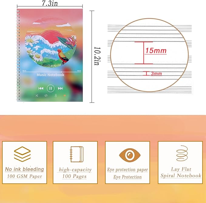 MUDOR Spiral-Bound Blank Sheet Music Notebook, 100 Pages Wide Staff Manuscript - Image 3