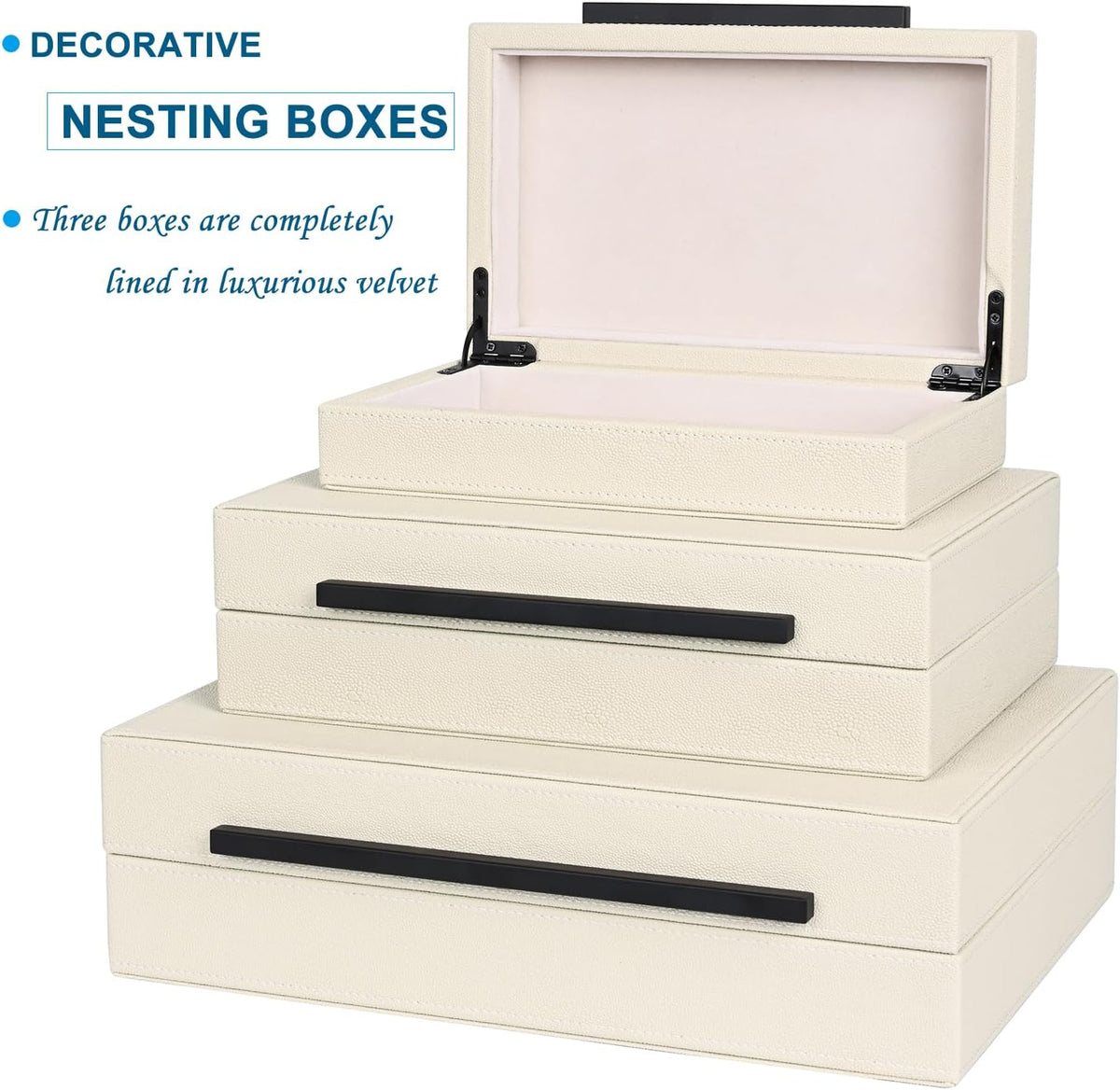 Beige Shagreen Decorative Box Set of 3 - Faux Leather Nesting Storage Boxes w...