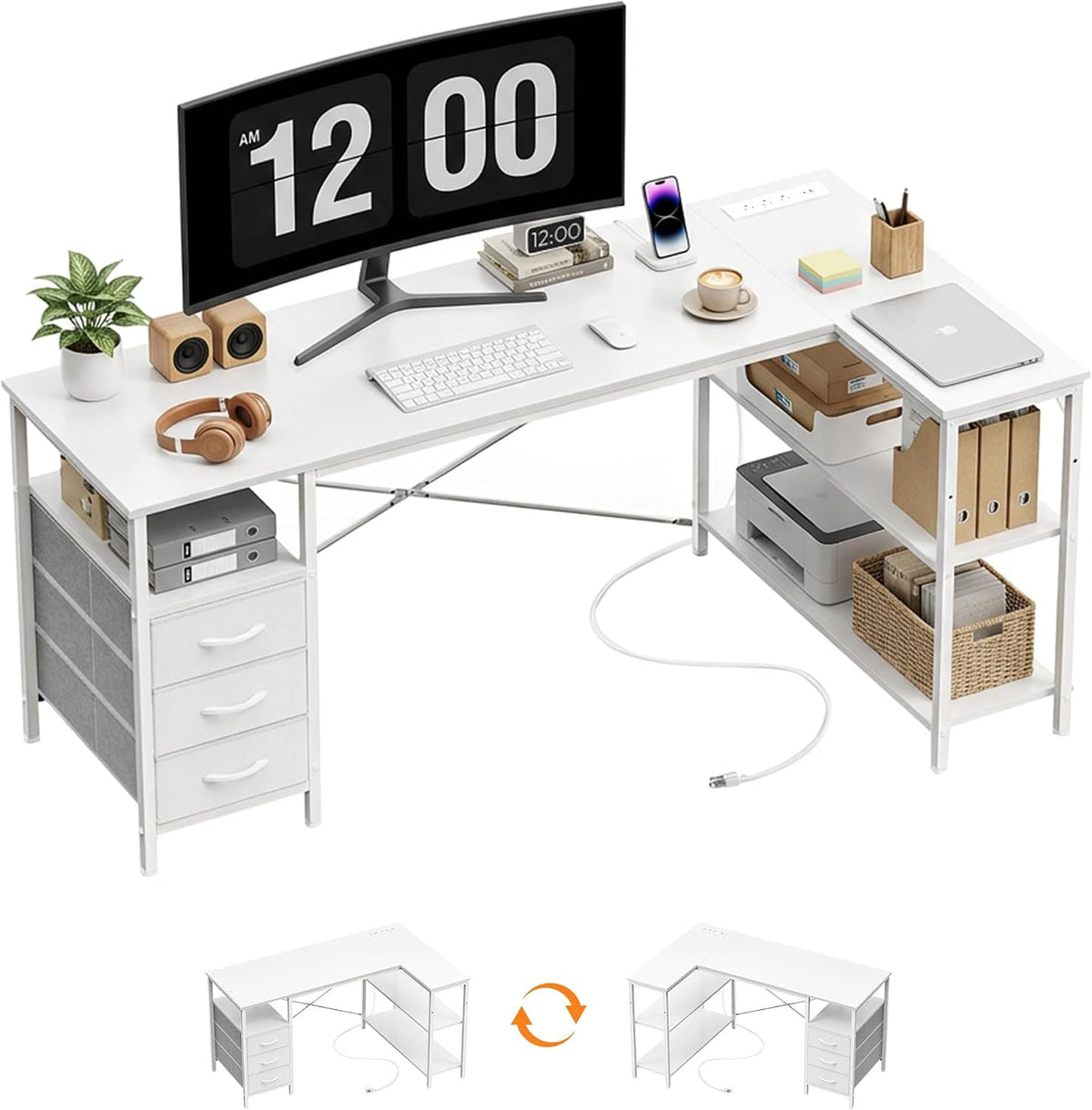 Alpen L Shaped Computer Desk, 47.2 Inch Corner Desk with Drawers and Power Ou...