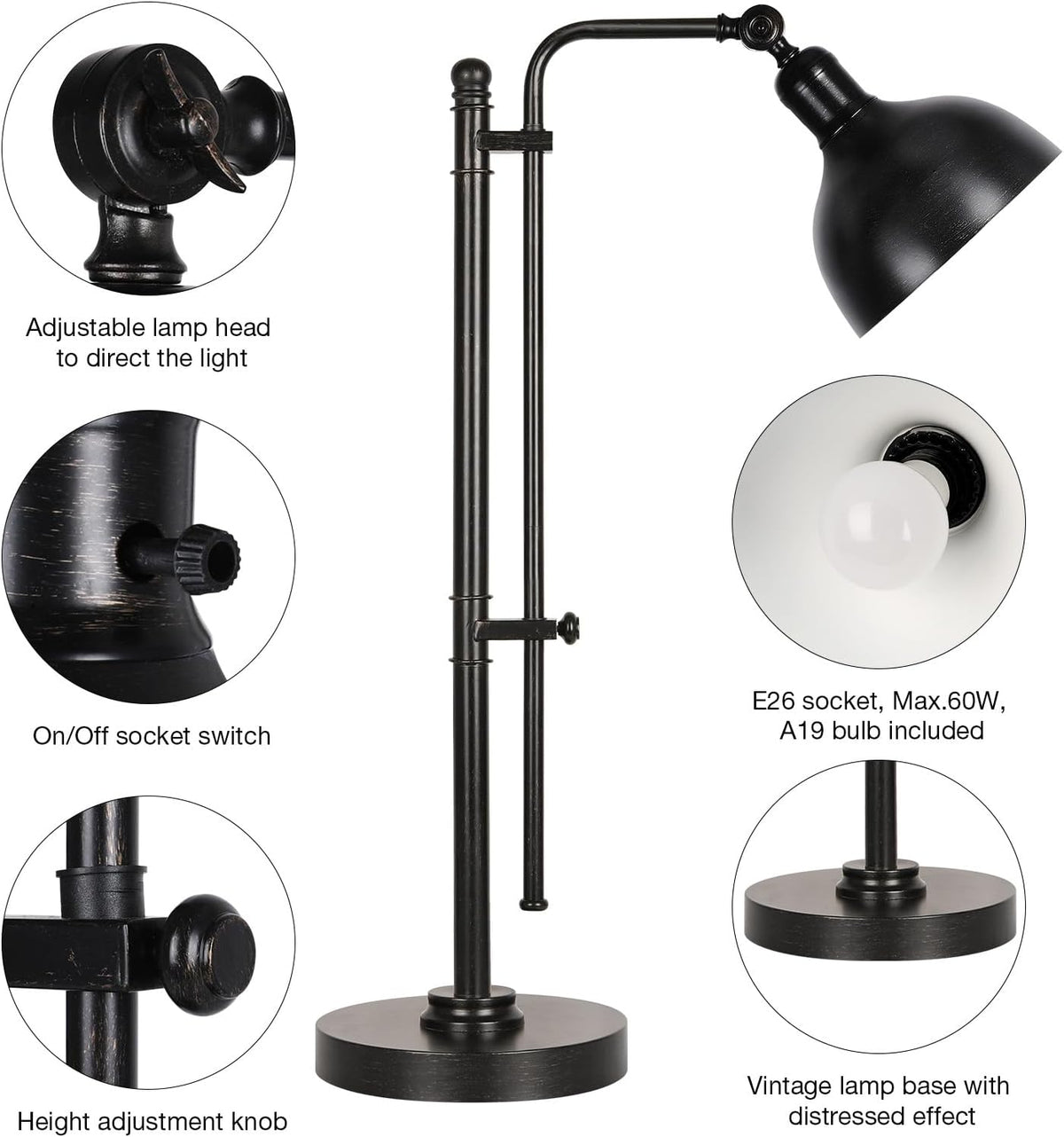 PARTPHONER Industrial Adjustable Desk Lamp for Home Office, Farmhouse Table l...