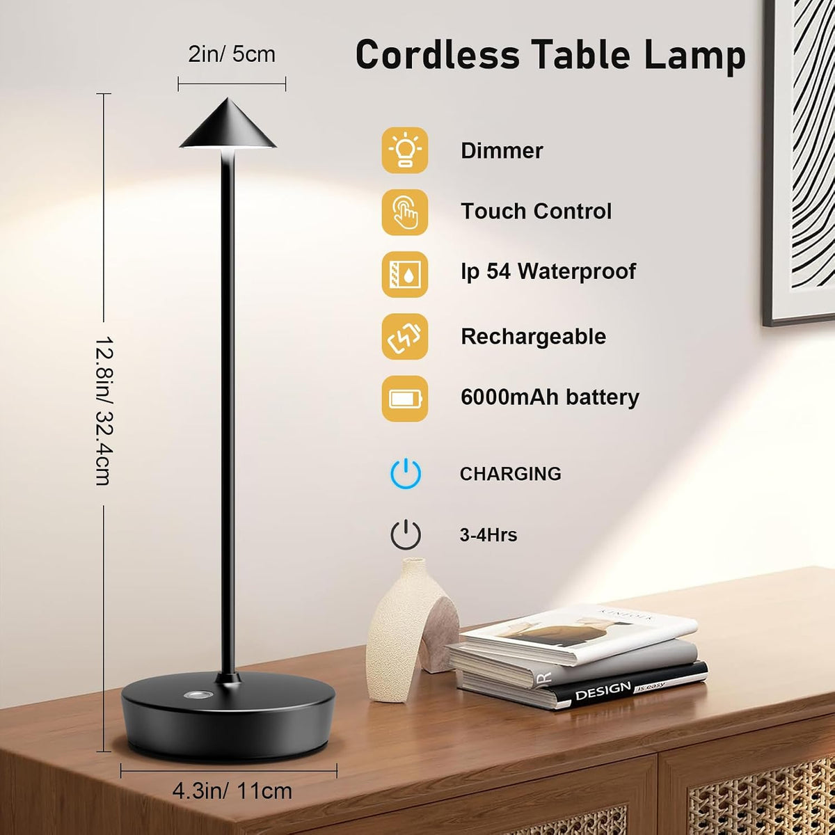 Set of 2 Cordless Rechargeable Led Table Lamp Battery Operated Light Black