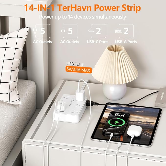 Surge Protector Power Strip 5 FT Flat Extension Cord ，10 AC Outlets & 4 USB - Image 2