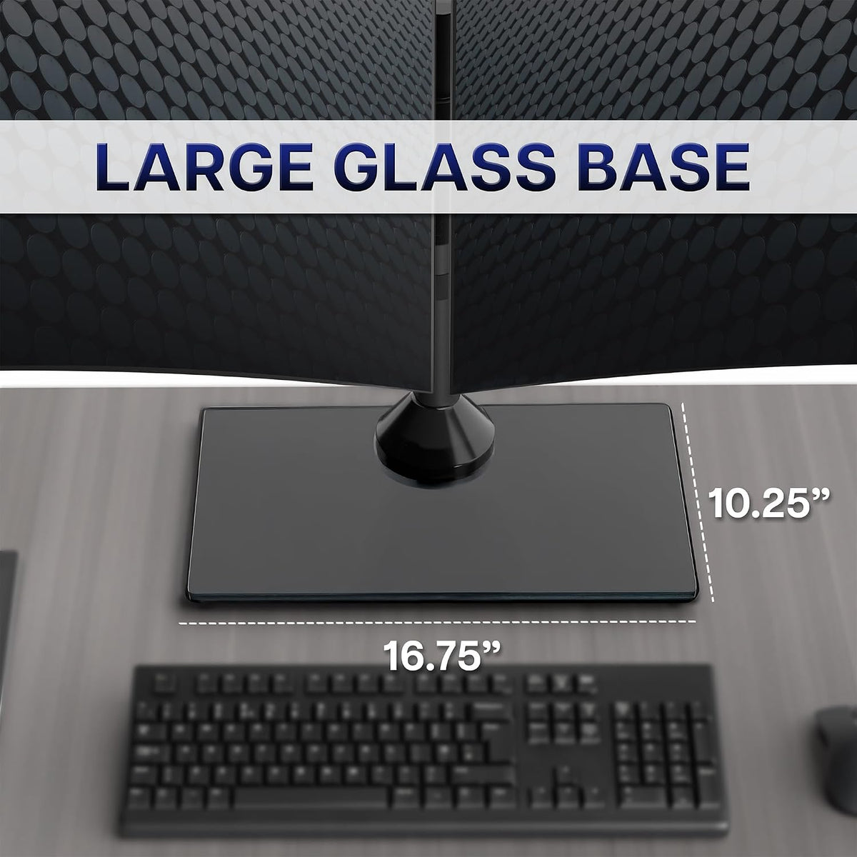 vivo freestanding dual monitor stand with sleek glass, close-up detail