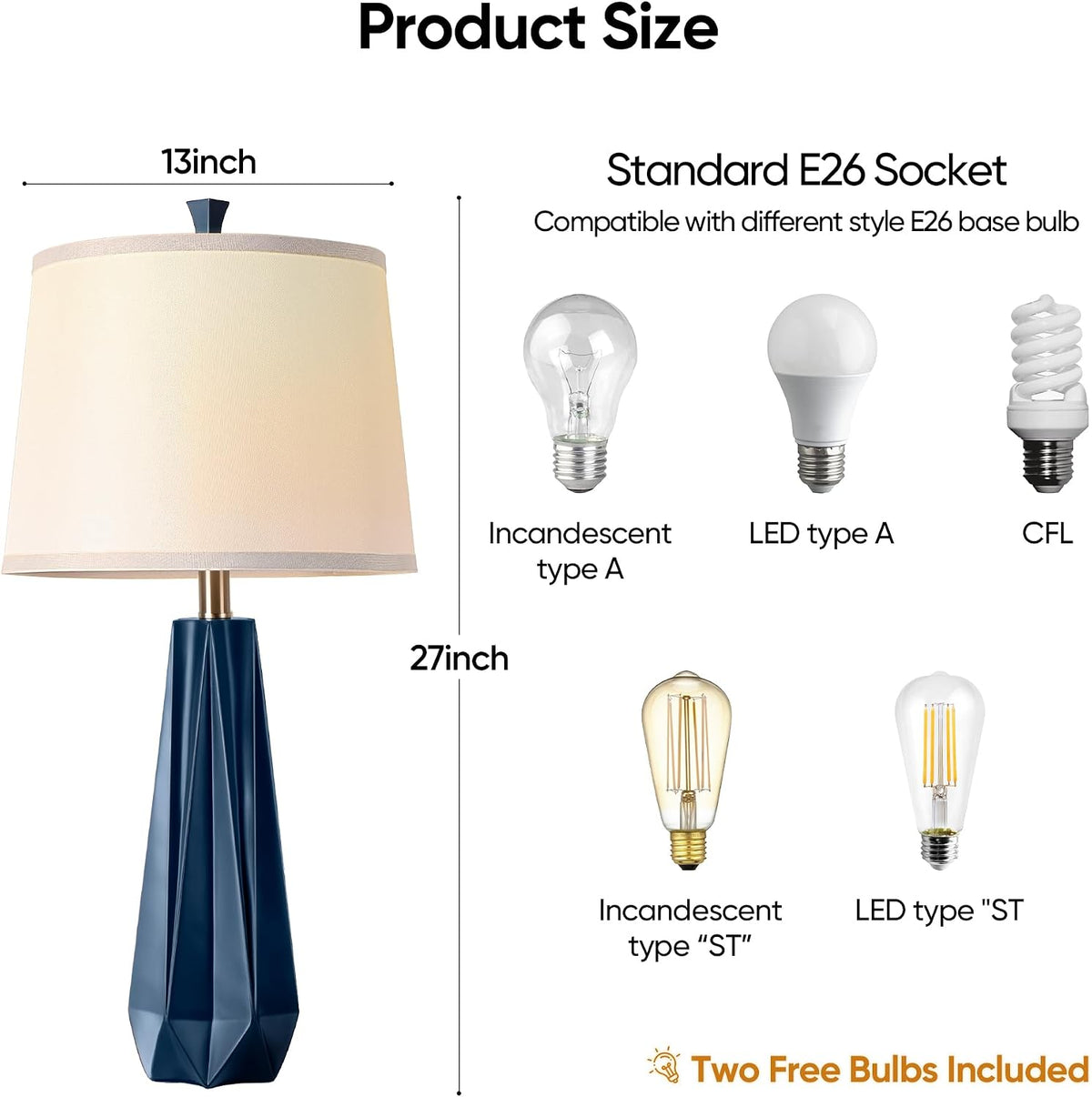 WIHTU 27'' Navy Blue Resin Table Lamps, Desk Lamps with 3 Color Tempe...
