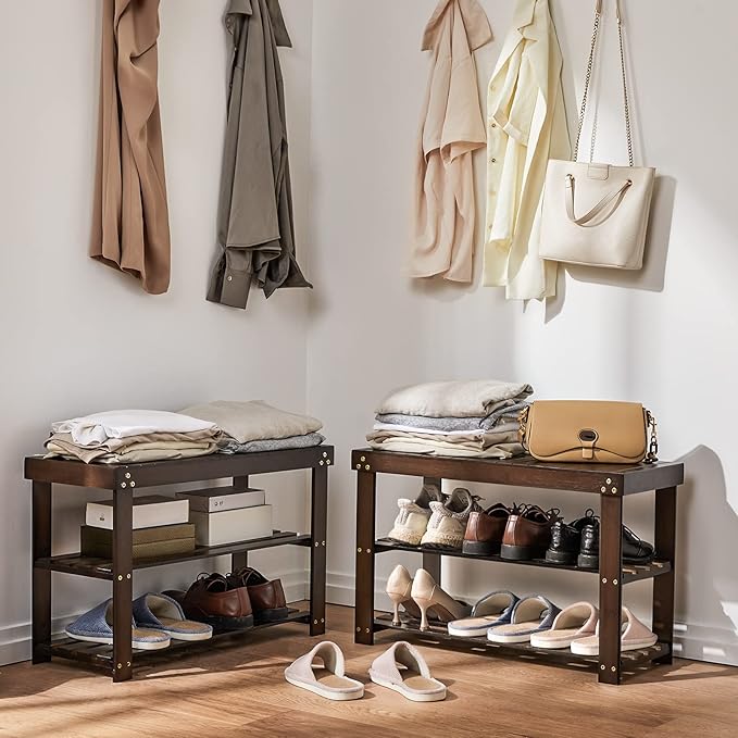 Pipishell Bamboo Shoe Rack Bench, 3 Tier Sturdy Shoe Bench, Storage Shoe - Image 2