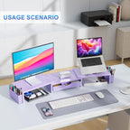 gianotter dual monitor stand riser with drawer and showing dimensions
