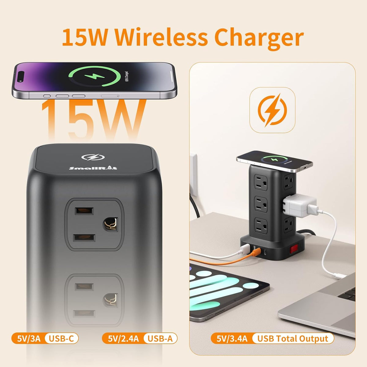 Extension Cord with Multiple Outlets, SMALLRT Power Strip Tower, Outlet Exten...