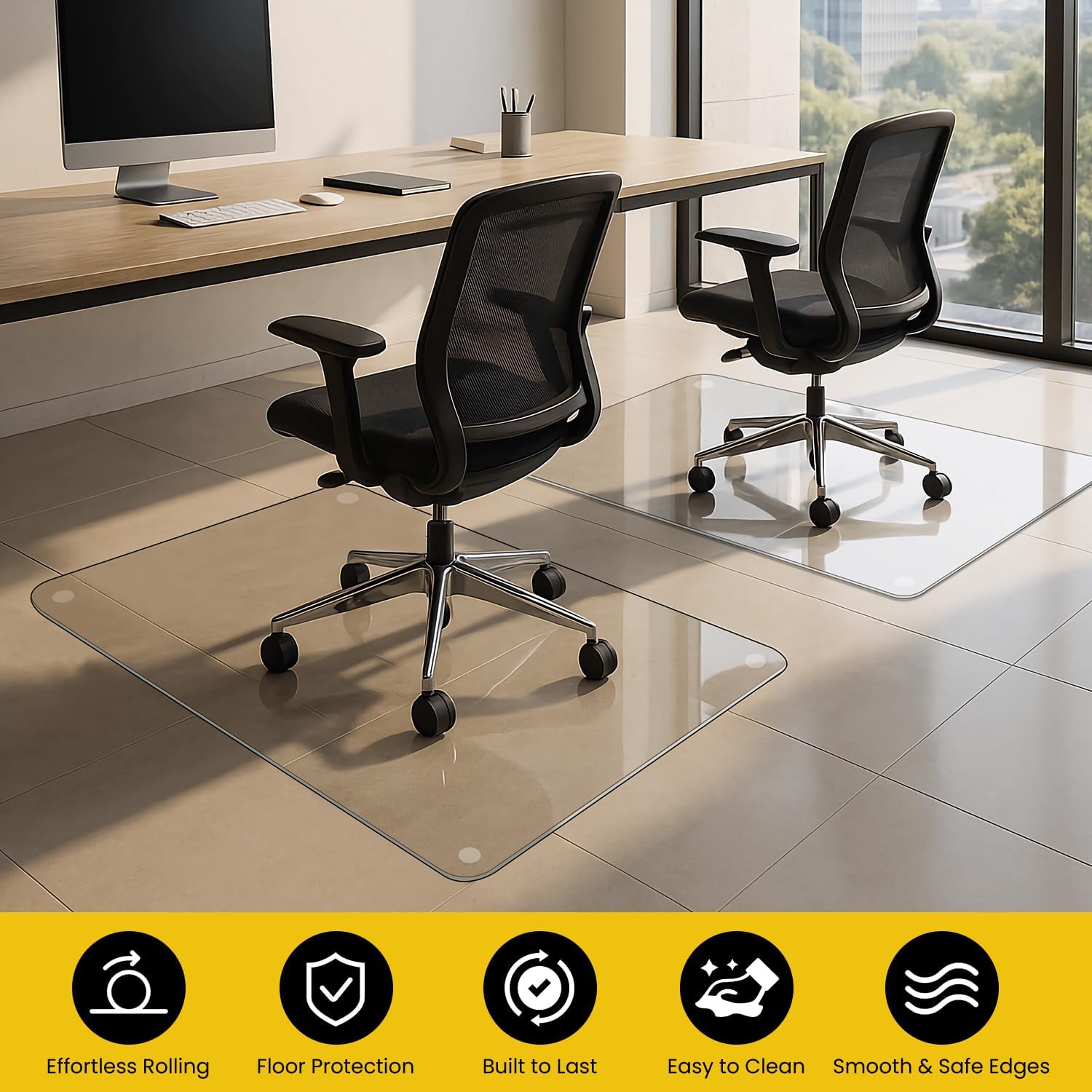 VASUHOME Heavy-Duty Tempered Glass Chair Mat, 31 x 48 Inch Large Office Floor Mat for Carpet or Hardwood Floors, 1/5" Thick with 12 Anti-Slip Pads