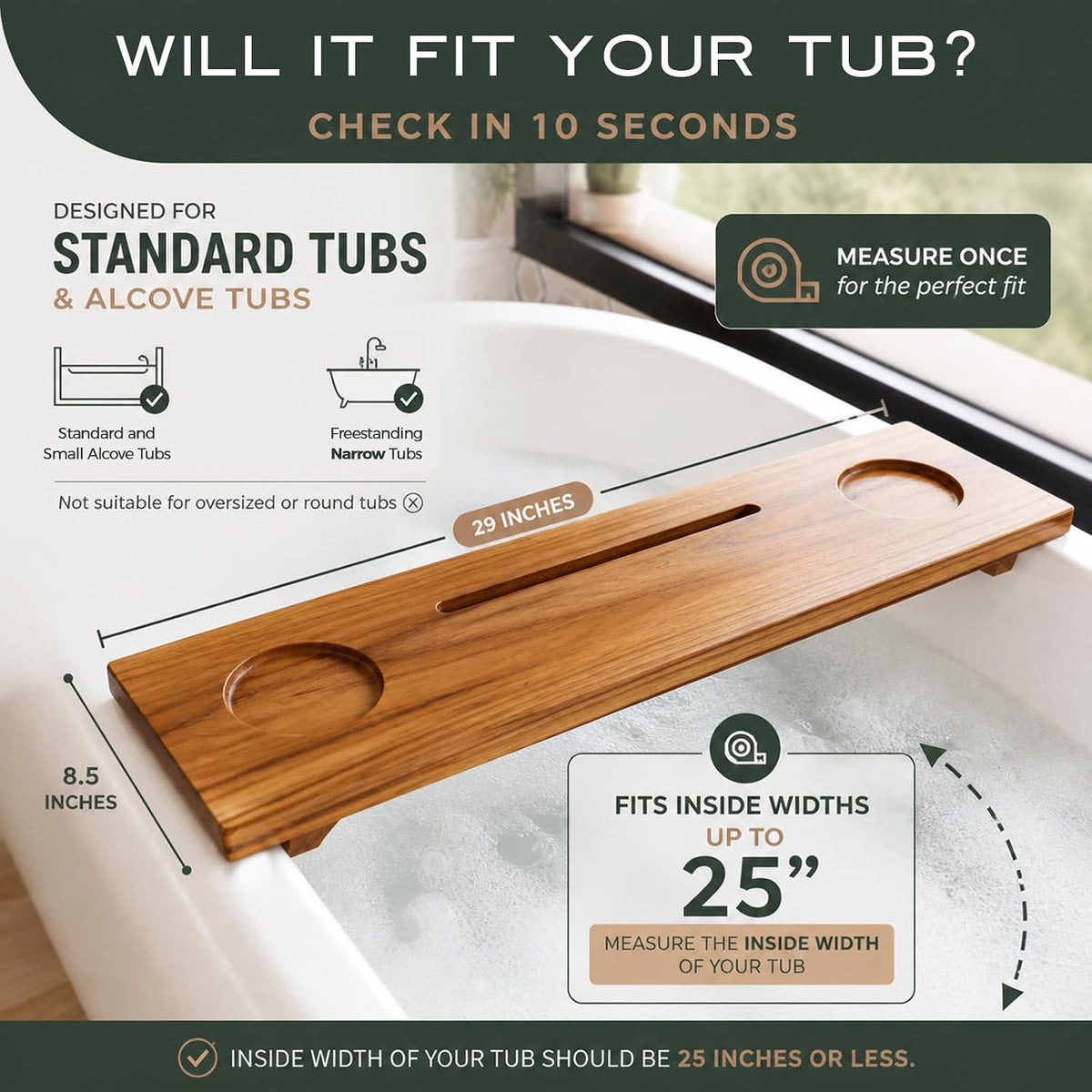 Fjord 29" Premium Teak Bathtub Tray for Small & Standard Tubs