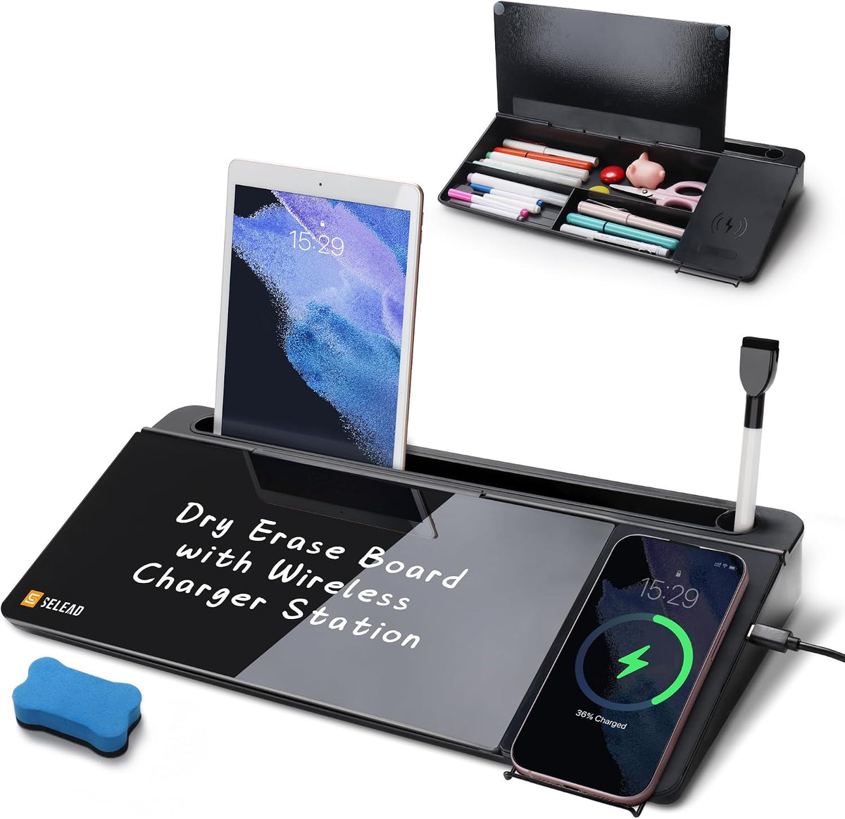 selead desktop glass whiteboard with wireless charger and, main product view