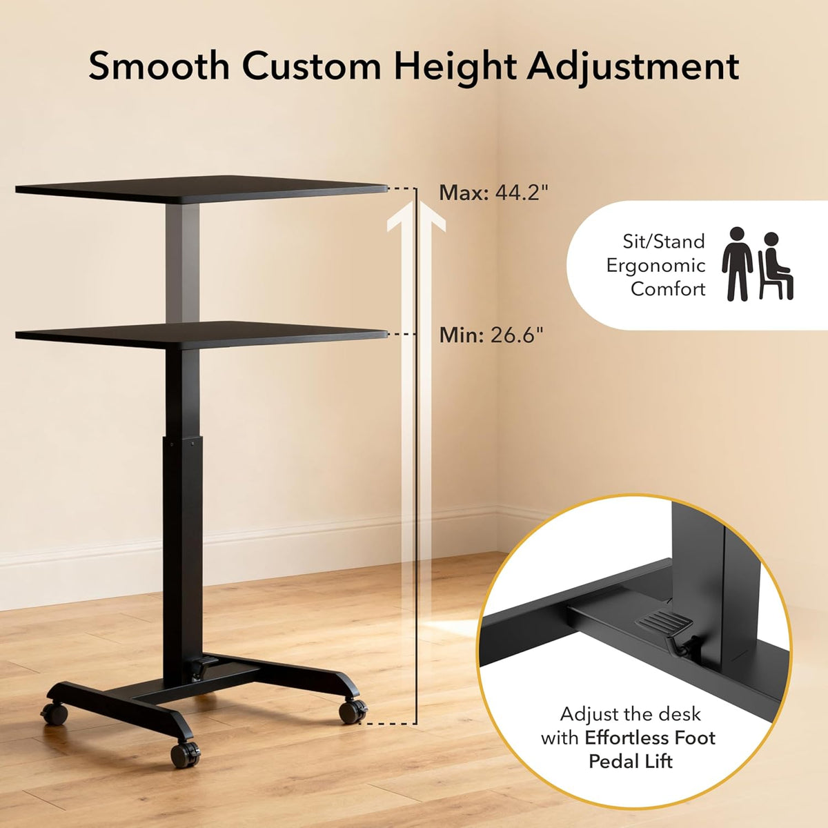 Mount-It! Rolling Laptop Desk Adjustable Height (29.6”-44.2”), Mobile Worksta...