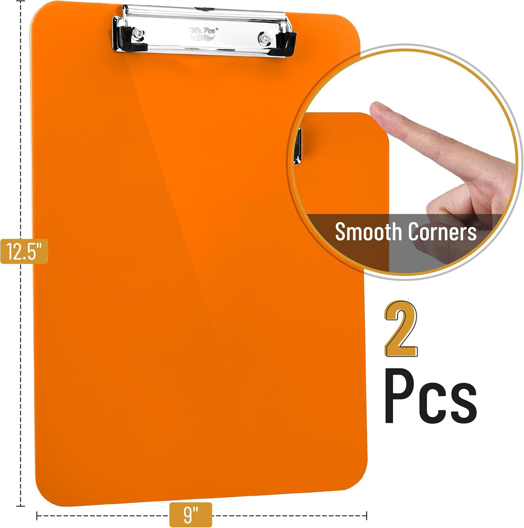 Mr. Pen- Plastic Clipboard, 12.5" x 9", 2 Pack, Orange Clipboard Plastic | Low-Profile Metal Clip with Retractable Hanging Hole