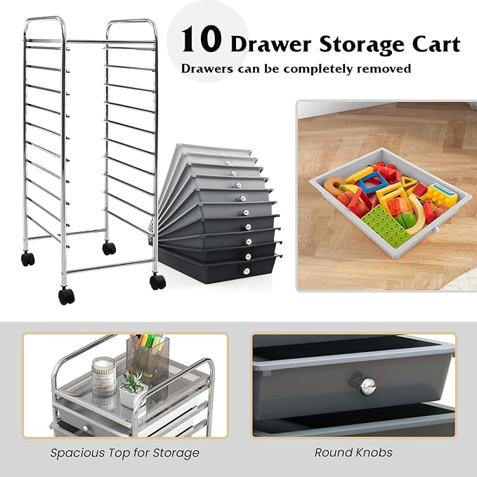 Giantex 10-Drawer Storage Cart w/Universal Wheel, Rolling Cart w/Handle - Image 5
