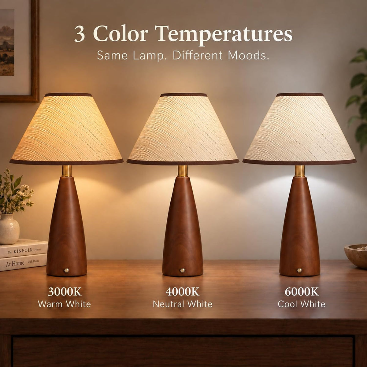 Mid Century Modern Touch Table Lamp with Brown Wooden Base