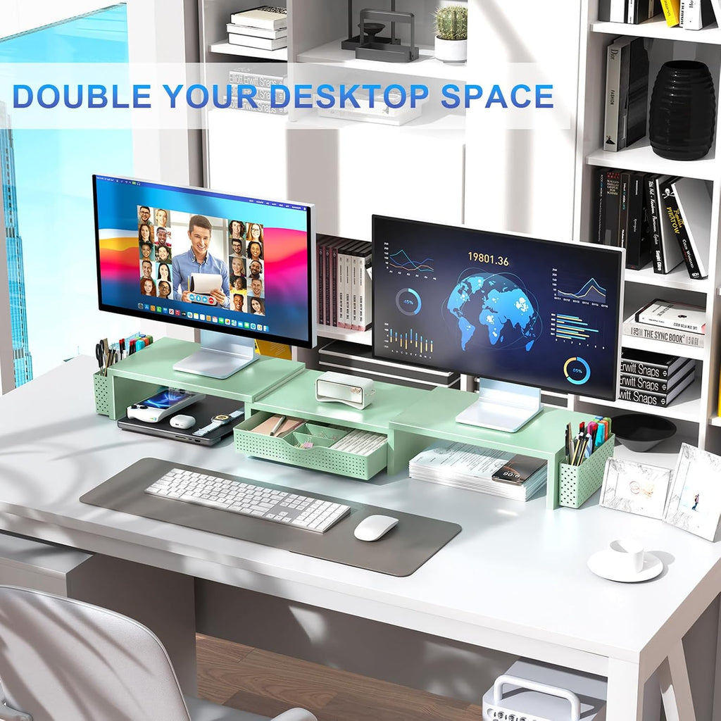 gianotter dual monitor stand riser with drawer and on a desk or shelf