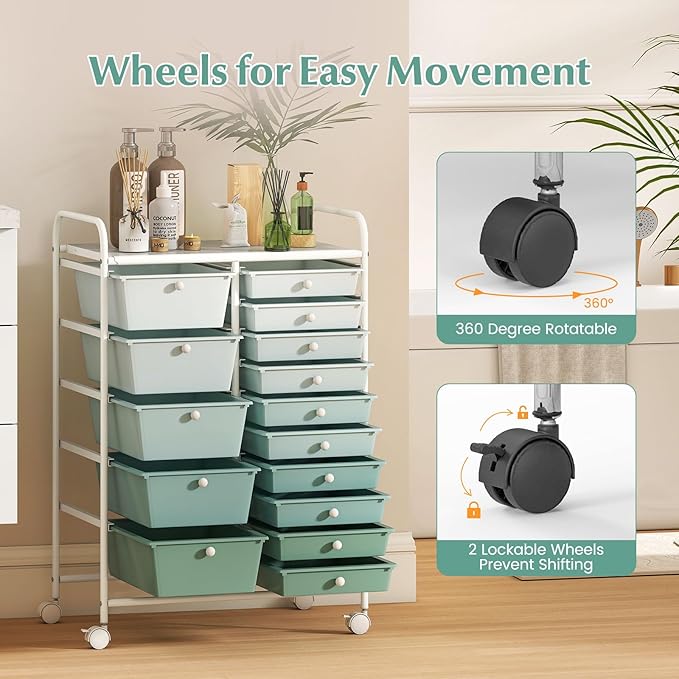 COSTWAY 15-Drawer Rolling Storage Cart, Mobile Utility Cart - Image 5
