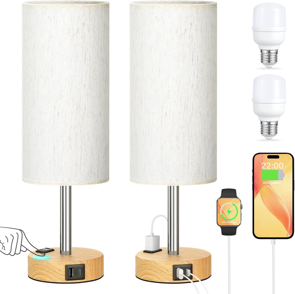 Touch Bedside Table Lamps Set of 2 - Bedroom Lamp with USB A+C, AC Outlet