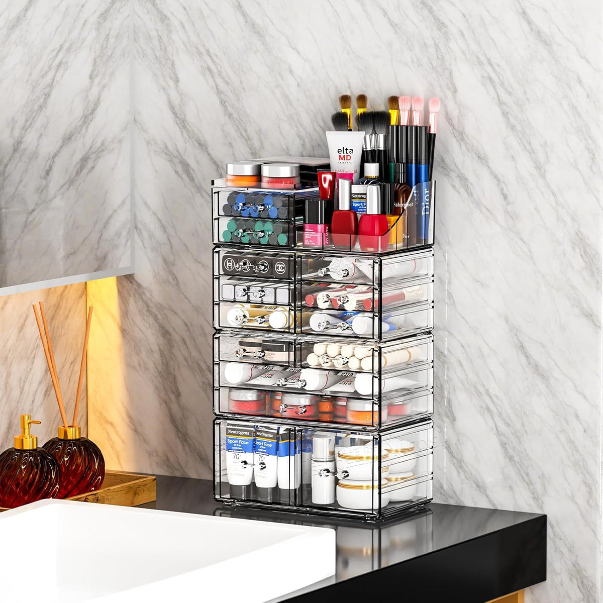 Cq acrylic Make Up Organizers for Vanity With 14 Drawers, 4 Pack Clear Drawer...