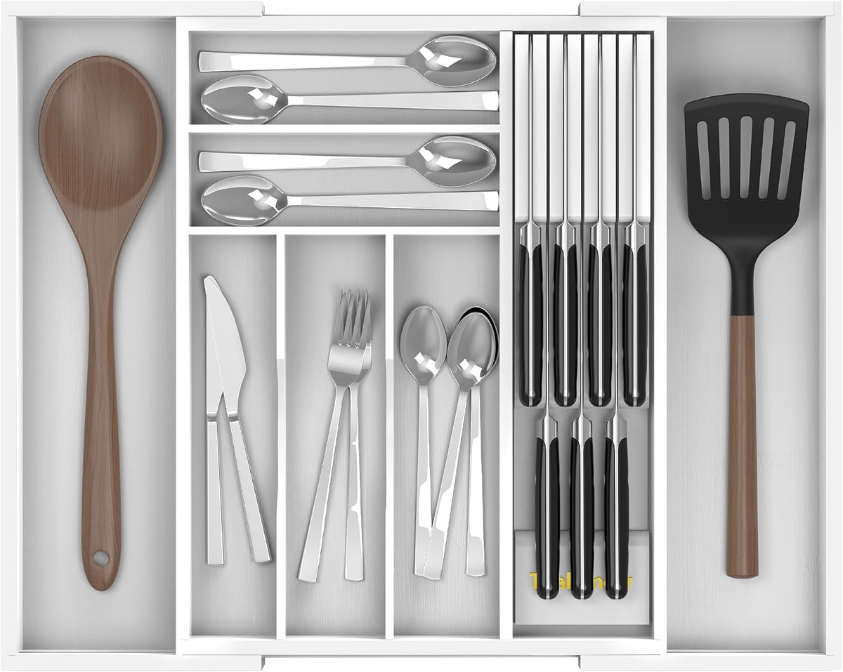 Bamboo Silverware Drawer Organizer, 6-8 Slots Kitchen Drawer Tray