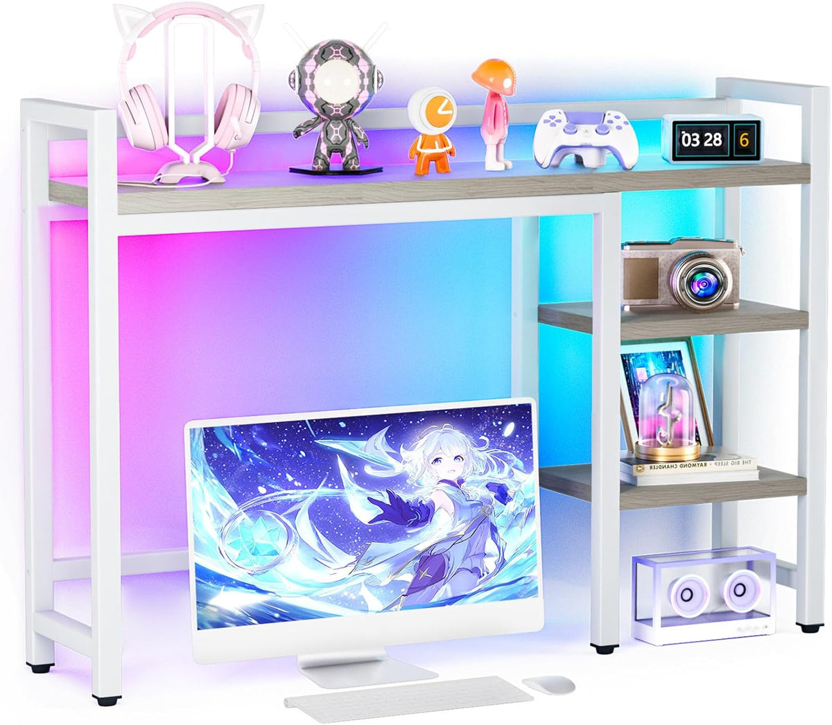 Desk Hutch with Colorful RGB Lights, 4 Tier Desktop Shelf for Max 28" Co...