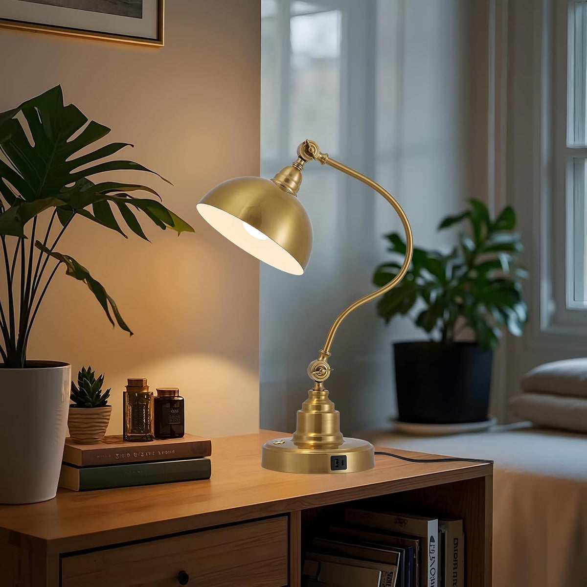 Fetason Dimmable Touch Control Gold Desk Lamp with Swing Arm Charging Port