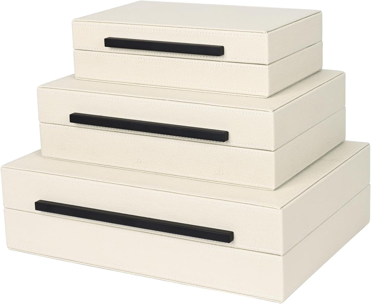 Beige Shagreen Decorative Box Set of 3 - Faux Leather Nesting Storage Boxes w...