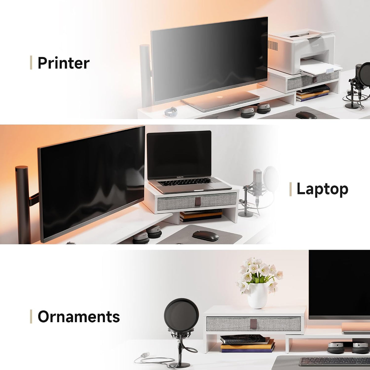 Fenge Triple Monitor Stand with Storage Drawer, Adjustable Length and Angle