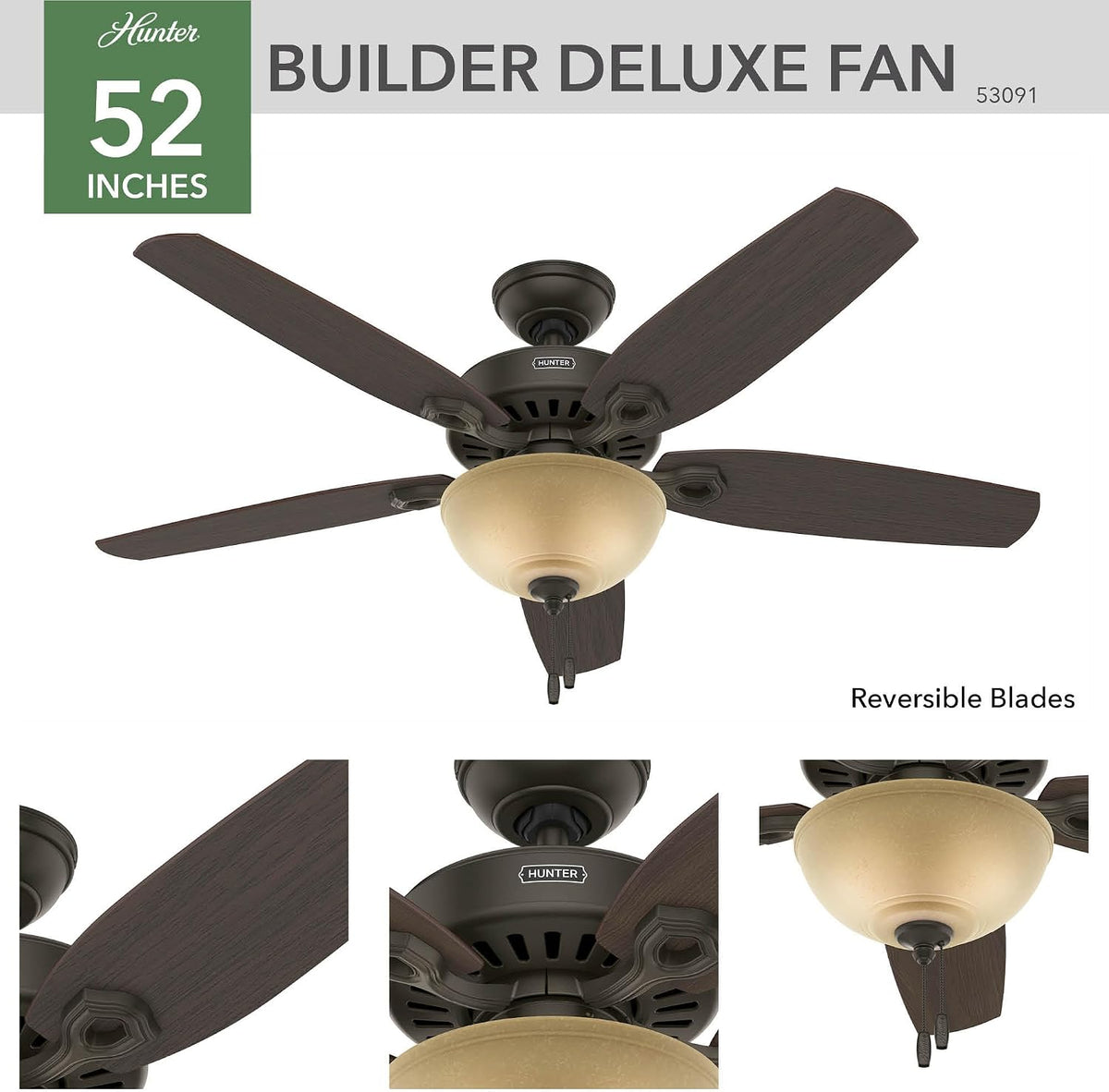 hunter builder deluxe, indoor, ceiling fan, pull chain, view 9