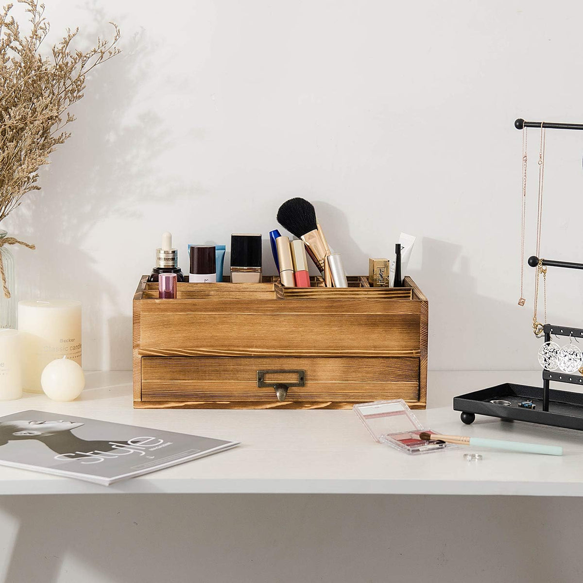 Rustic Wooden Organizer Cosmetic Storage Cabinet Makeup Display Box Office Su...