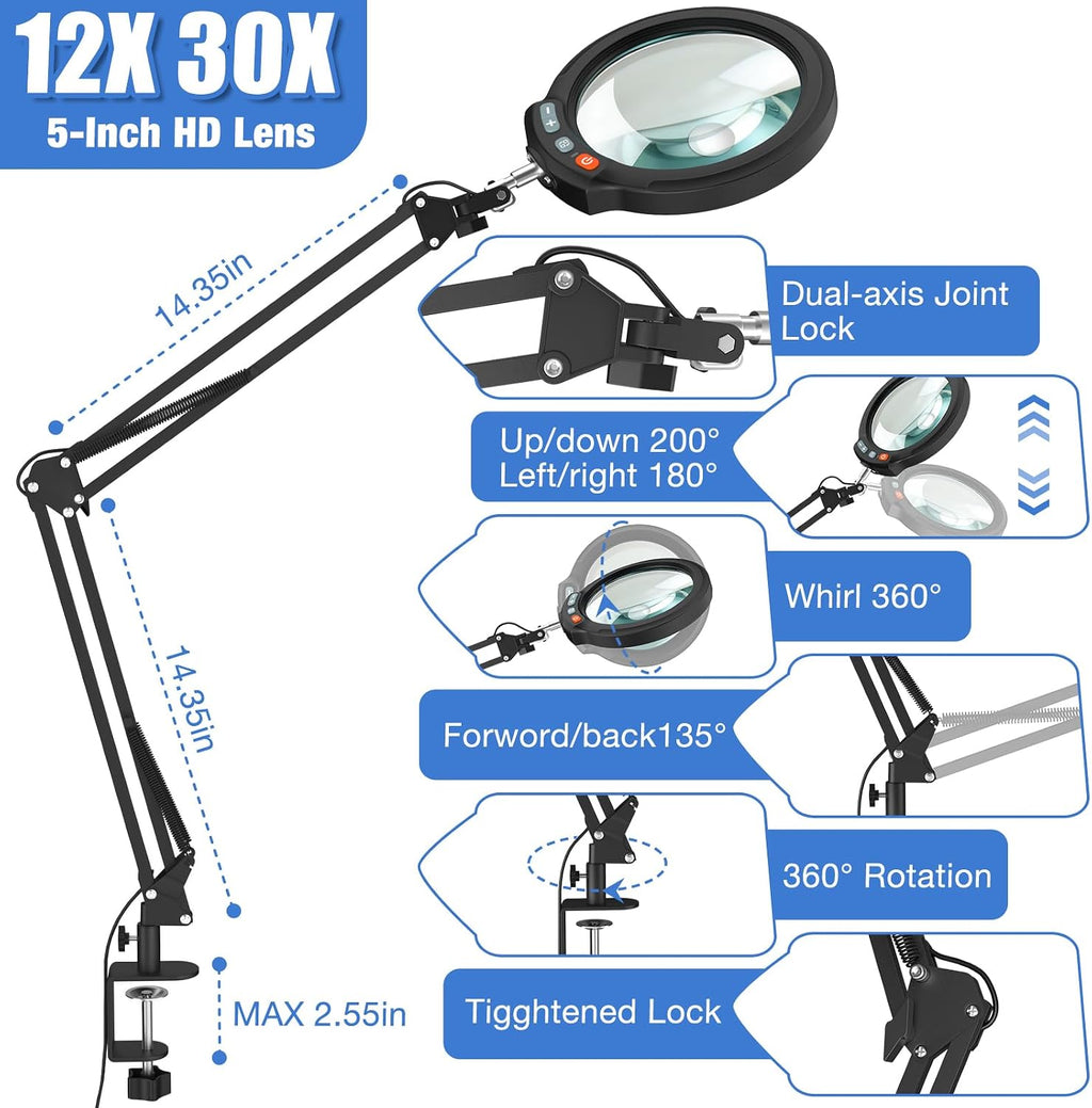 12x large magnifying glass with light and clamp on a desk or shelf