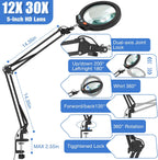 12x large magnifying glass with light and clamp on a desk or shelf