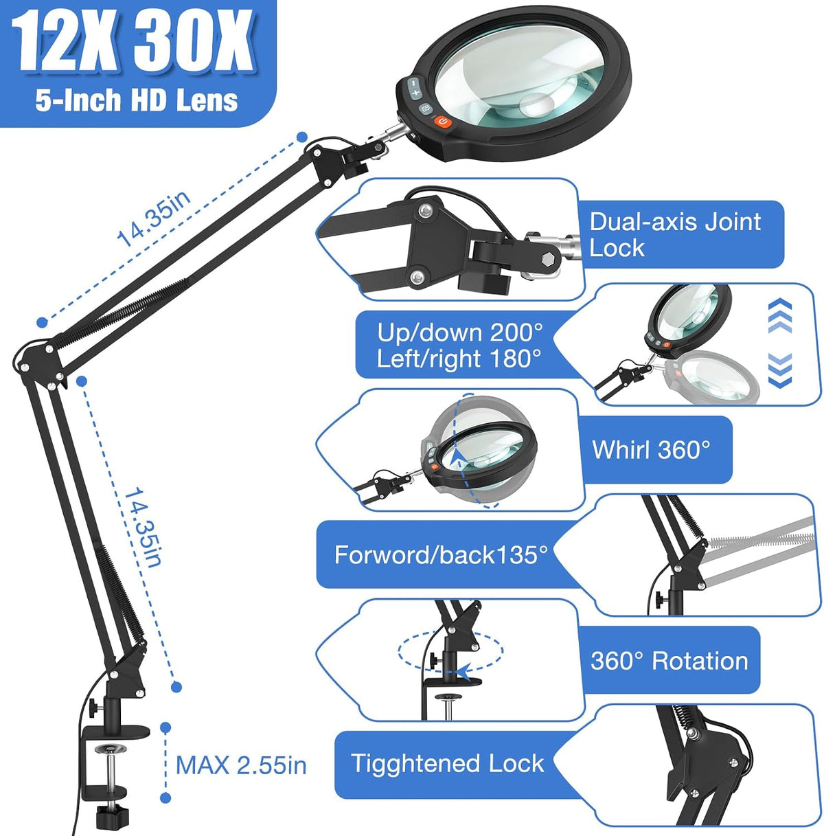 12x large magnifying glass with light and clamp on a desk or shelf