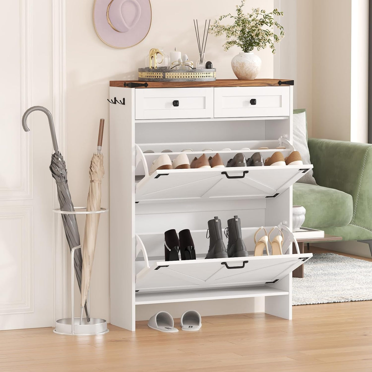 Shoe Cabinet with 2 Flip Drawers, Hidden Shoe Storage Cabinet with 2 Pull-Out...