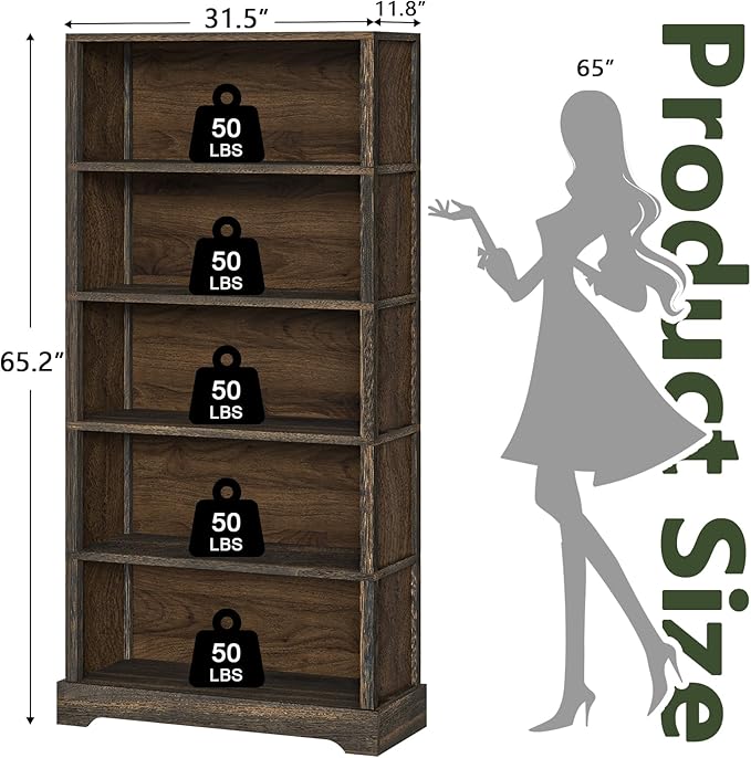 TVU 5-Tier Solid Wood Book Shelf, Floor Standing Bookcase, Farmhouse Style Book - Image 3