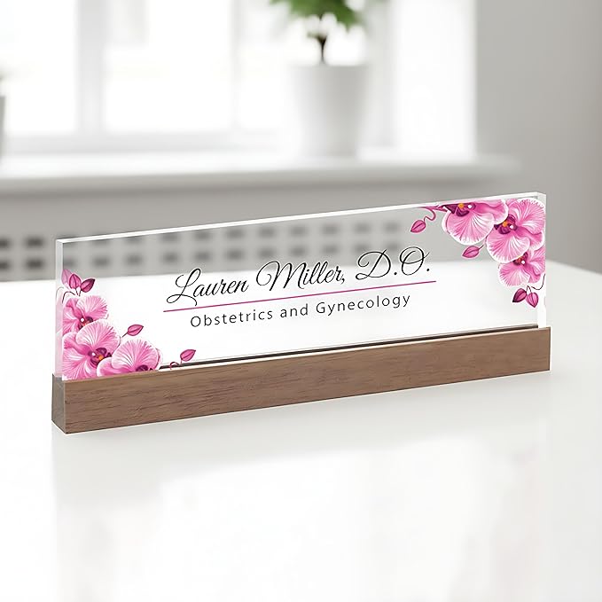 ARTBLOX | Office Personalized Name Plate Pink Orchid V2 Design On Clear Acrylic by Artblox