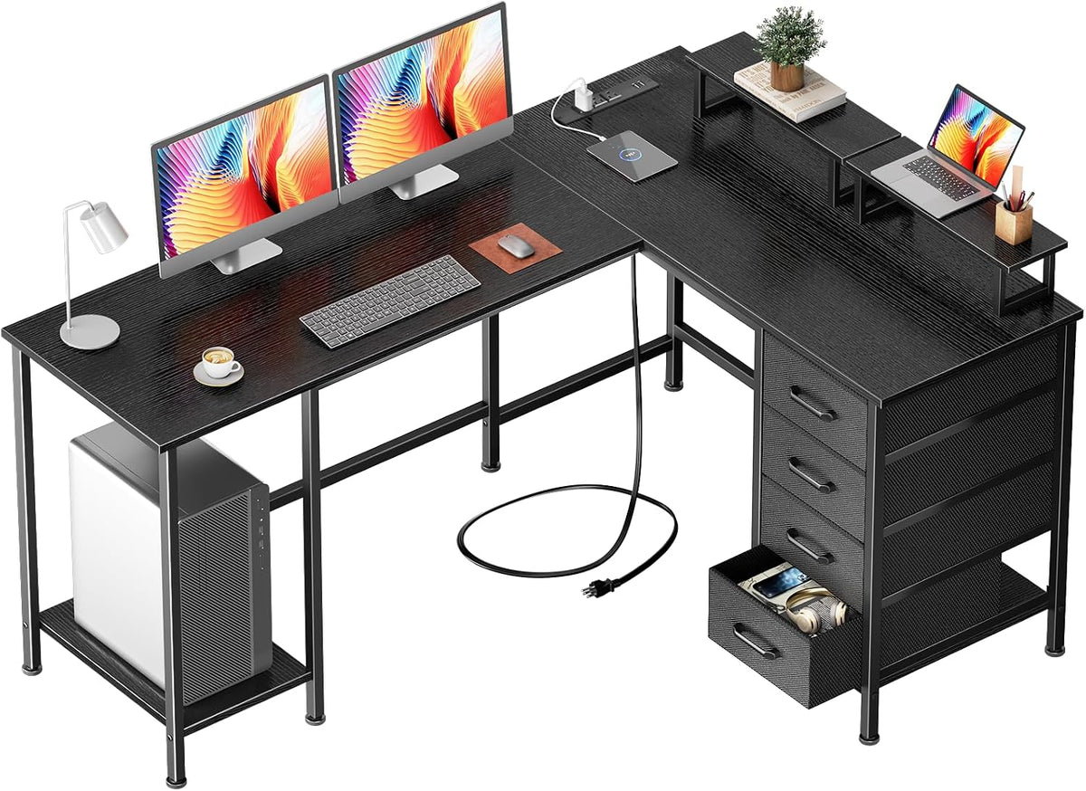 Korfile 59 inch L Shaped Computer Desk with Power Outlets, Black