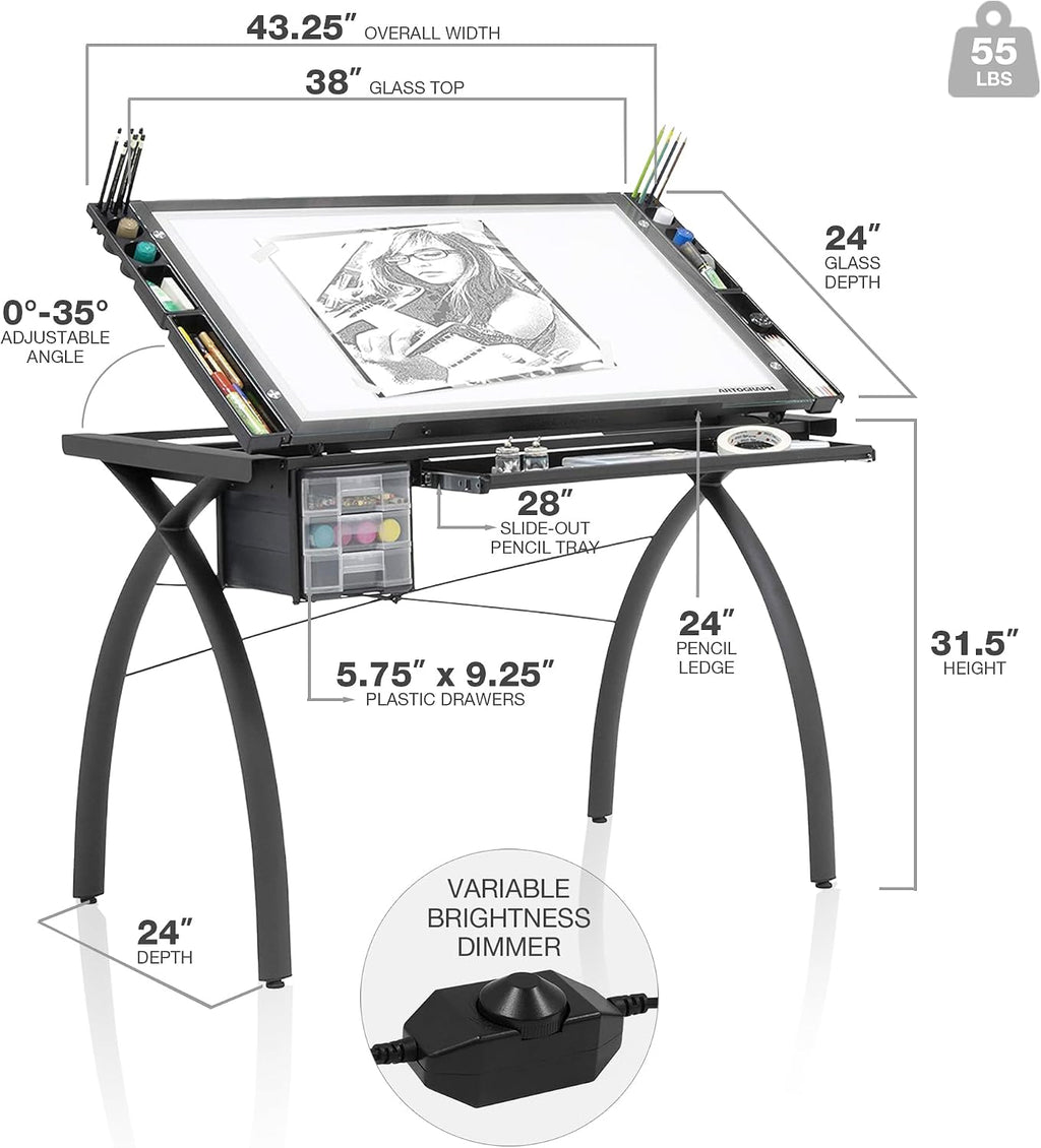Artograph Futura Light Tracing Table for Artists with Storage and Adjustable Stand, Dimmable Night Glass Work Top