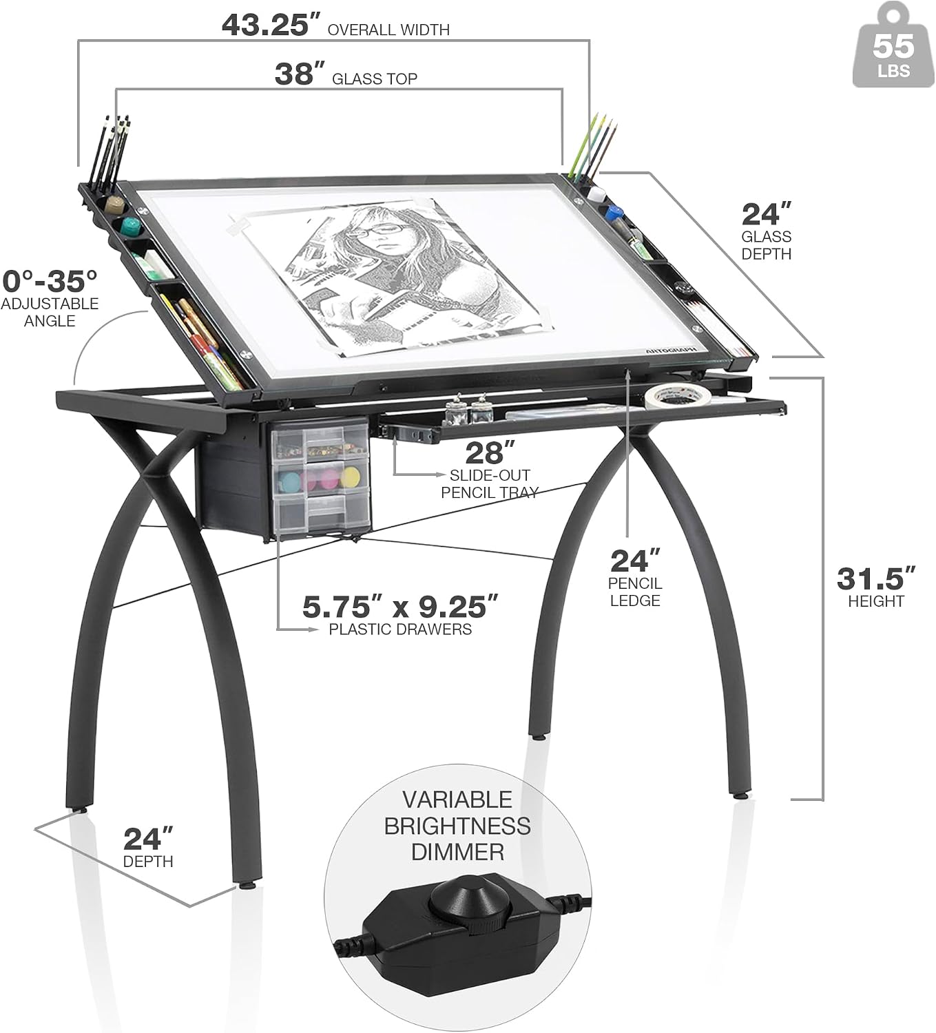 Artograph Futura Light Tracing Table for Artists with Storage and Adjustable Stand, Dimmable Night Glass Work Top