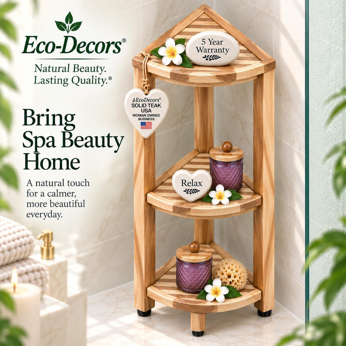 EcoDecors 32" Teak Corner Shelf, 3-Tier Shelf Stand, Bathroom Organizer